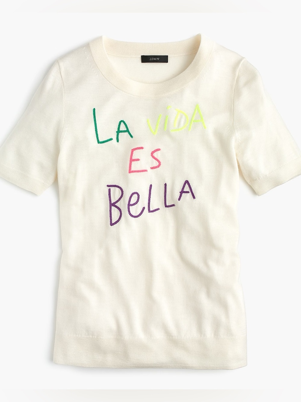 J. Crew Tippi Short-Sleeve Knit Swearer Top Colorful 'La Vida Es Bella' Sz M